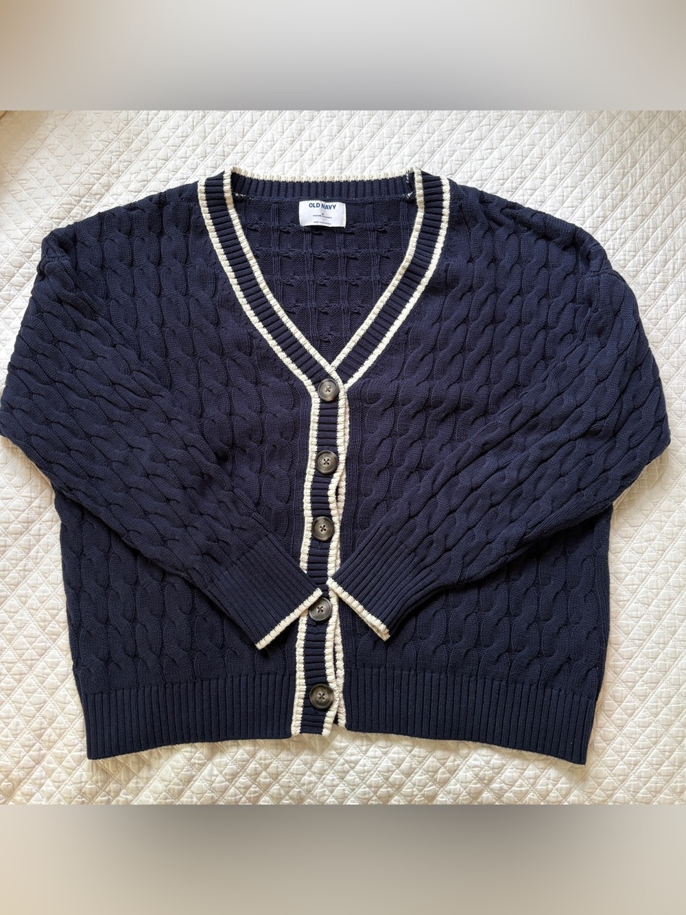 Old Navy Navy Cable Knit V-Neck Cardigan with Cream Trim Accents